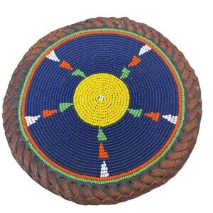 Beaded Trivet Blue Seed Bead & Leather Medallion Boho Hot Pad 6" Handcrafted